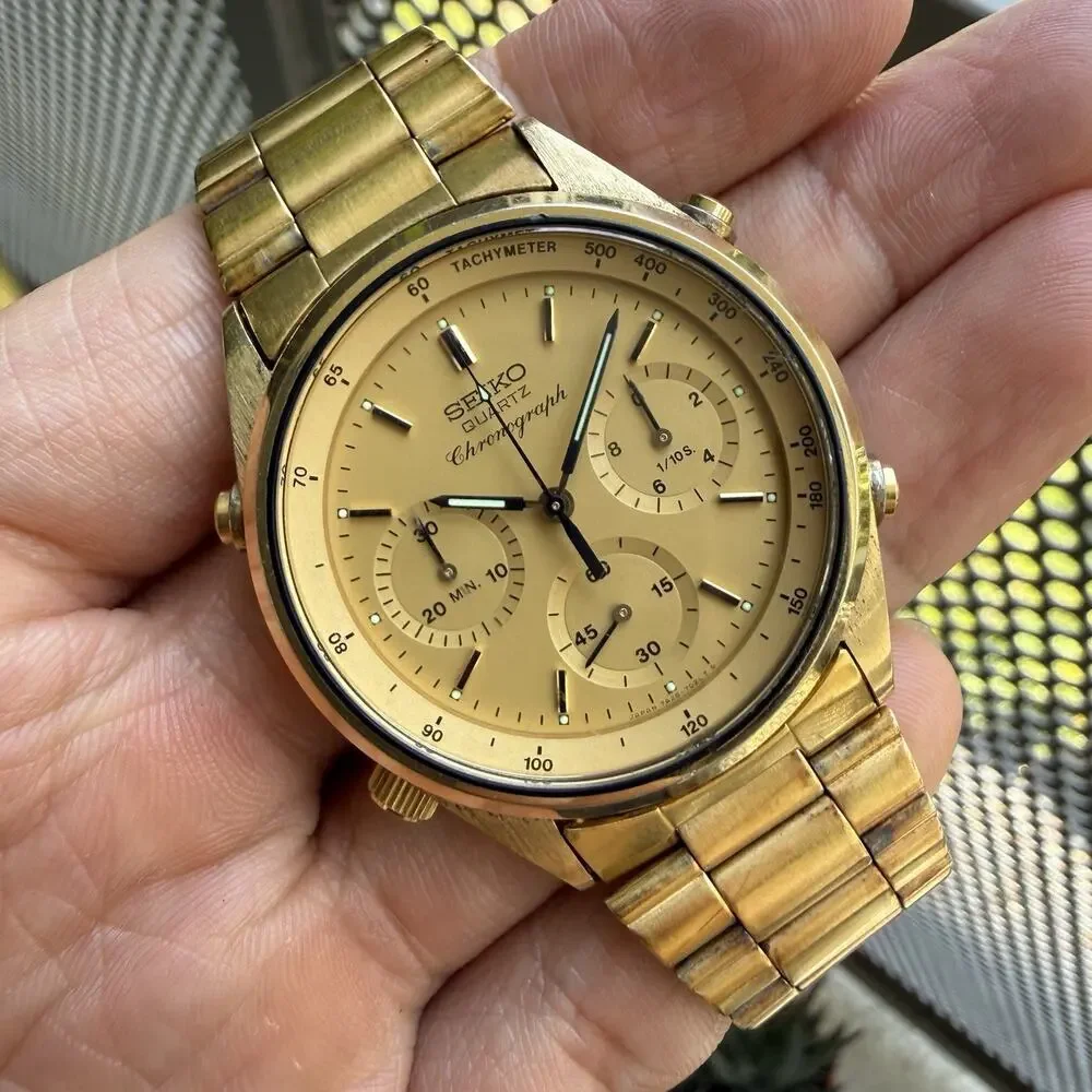 Vintage Seiko Chronograph Watch Men’s 37mm Champagne Dial Gold Tone 7A28-7029